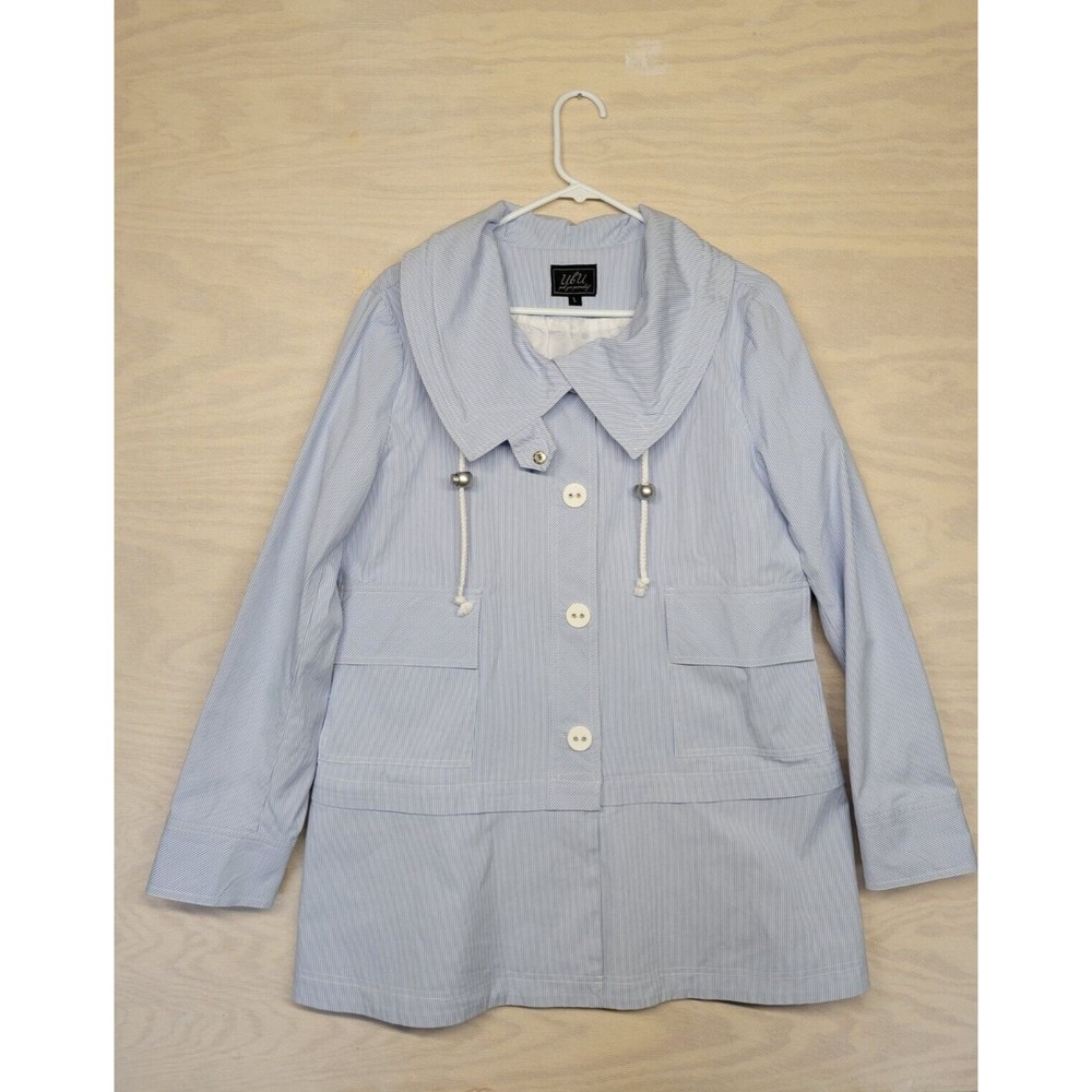 UBU Women's SZ L Jacket Button Up Large Pockets Blue Nautical Removeable Bottom